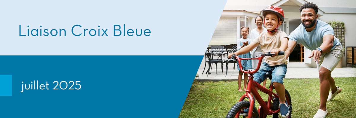 Un homme pousse son enfant à vélo. Texte : Liaison Croix Bleue